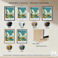 Santo Domingo travel poster in various frame colors, showcasing city skyline with palm trees and waterfront.