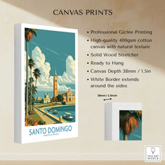 Santo Domingo travel poster canvas print with palm trees, waterfront, and historic architecture for wall art decor