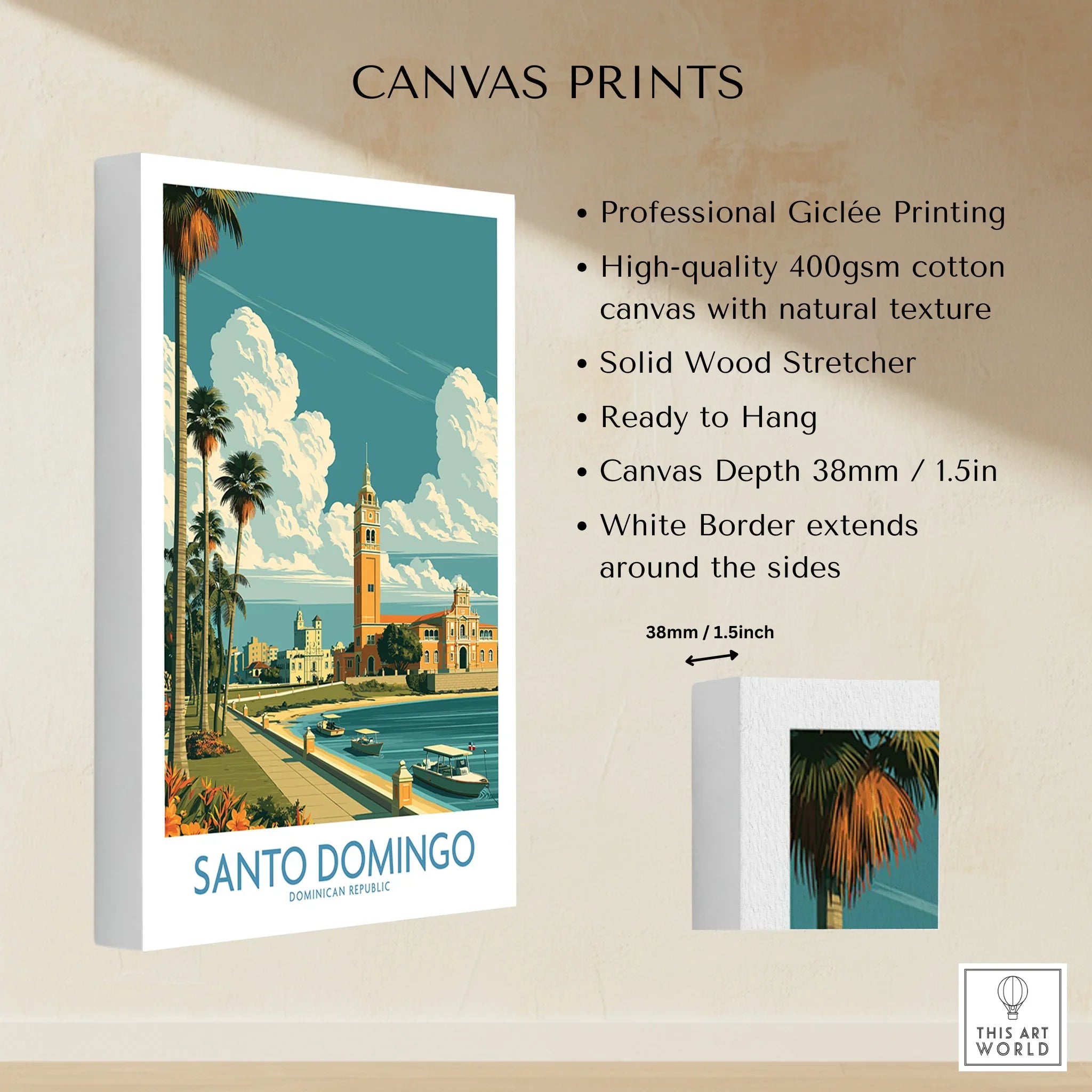 Santo Domingo travel poster canvas print with palm trees, waterfront, and historic architecture for wall art decor