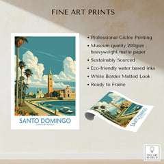 Santo Domingo travel poster with palm trees, waterfront, and historic buildings for wall art decor