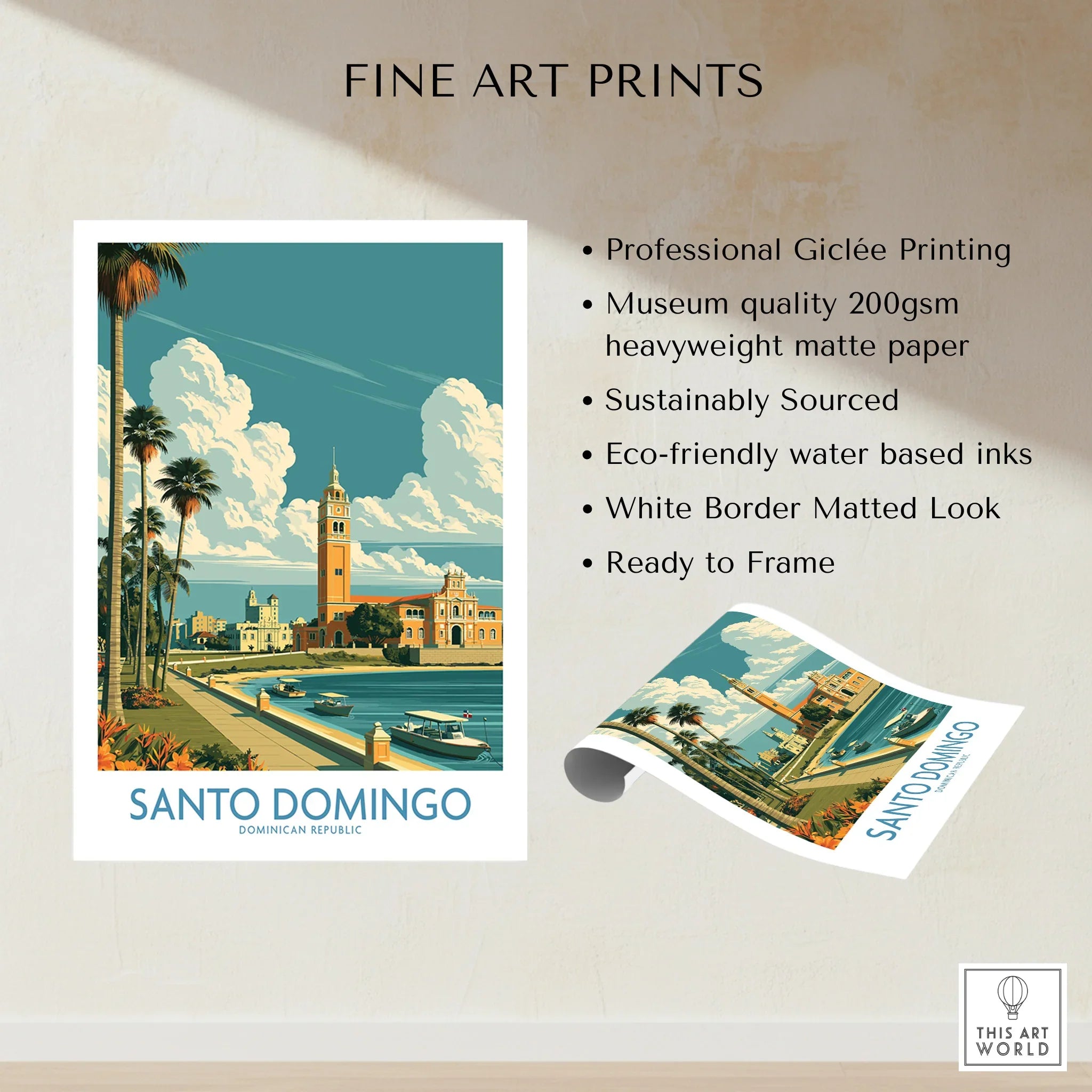 Santo Domingo travel poster with palm trees, waterfront, and historic buildings for wall art decor