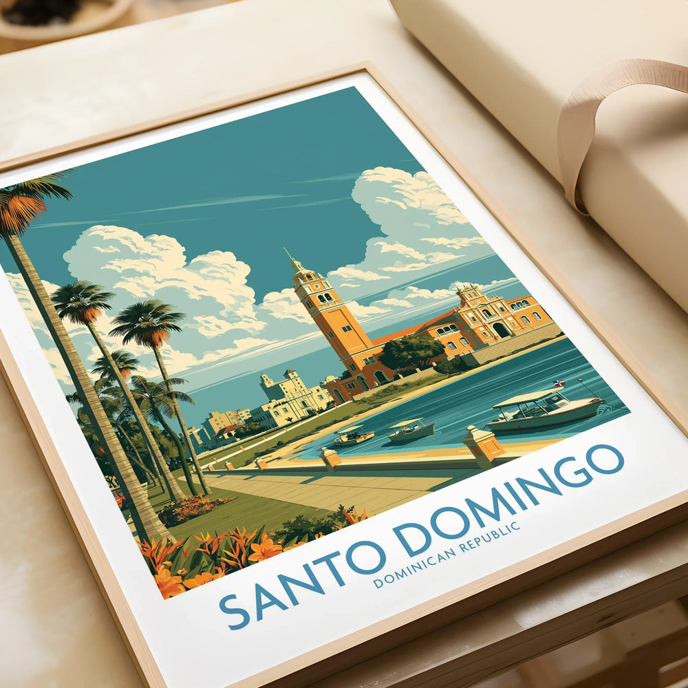 Santo Domingo travel poster with palm trees, historic buildings, and waterfront boats, Dominican Republic