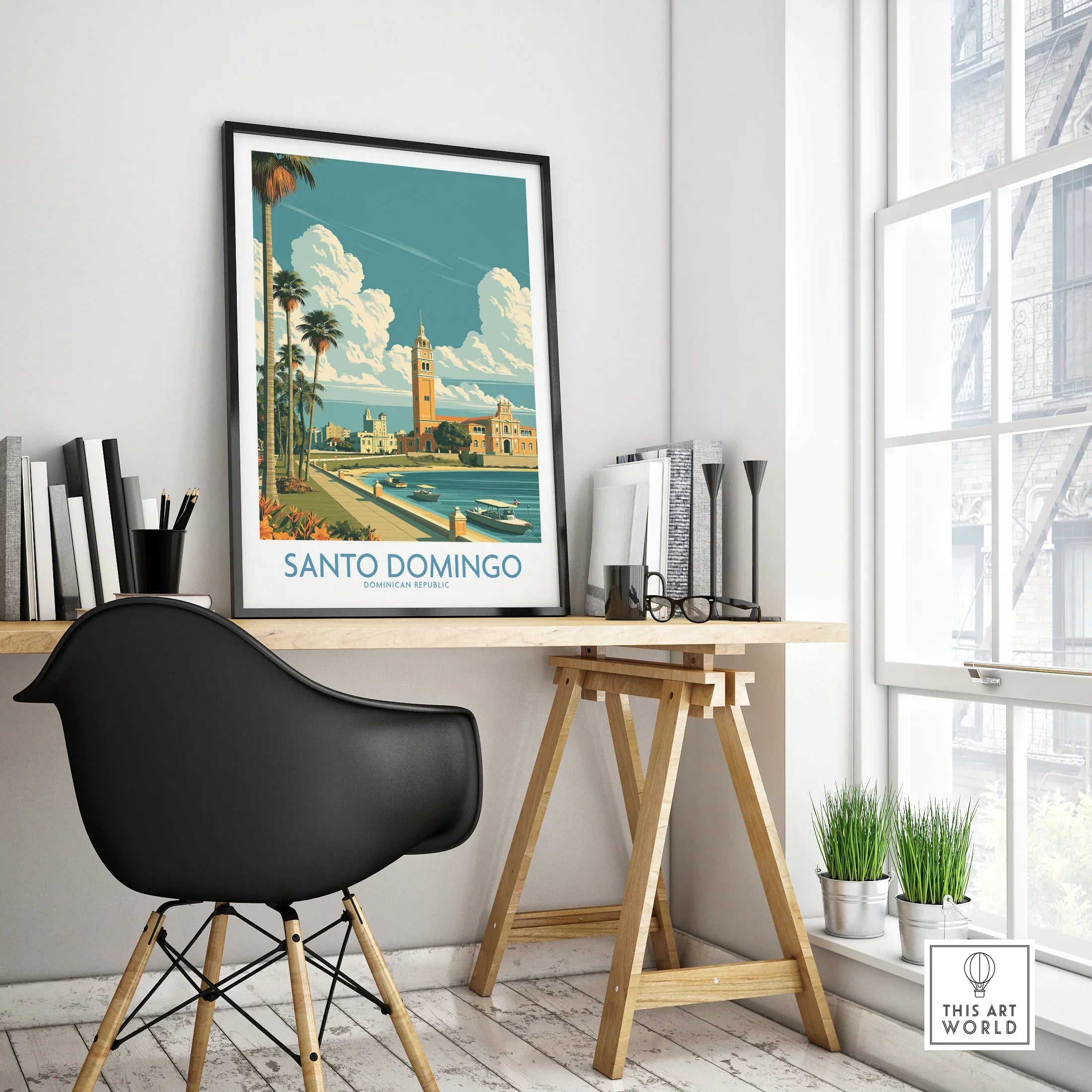 Santo Domingo travel poster with palm trees, waterfront, and historic buildings for home decor