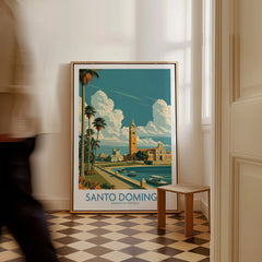 Santo Domingo travel poster with palm trees, waterfront, and historic buildings for home decor