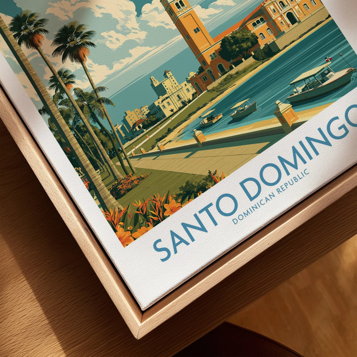 Santo Domingo travel poster print with palm trees, waterfront, and historic buildings, perfect for wall art decor.