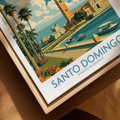 Santo Domingo travel poster print with palm trees, waterfront, and historic buildings, perfect for wall art decor.