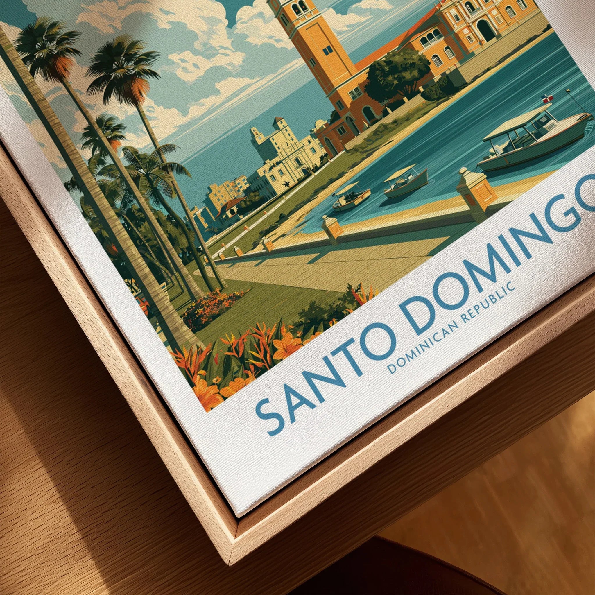 Santo Domingo travel poster print with palm trees, waterfront, and historic buildings, perfect for wall art decor.
