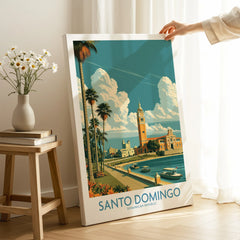 Santo Domingo travel poster with palm trees, historic buildings, and waterfront, perfect for wall art decor