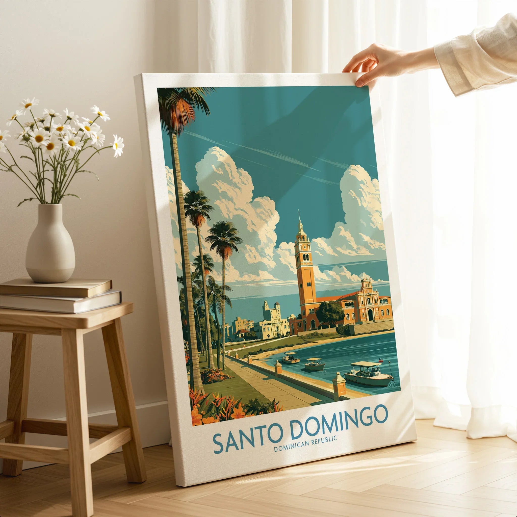 Santo Domingo travel poster with palm trees, historic buildings, and waterfront, perfect for wall art decor