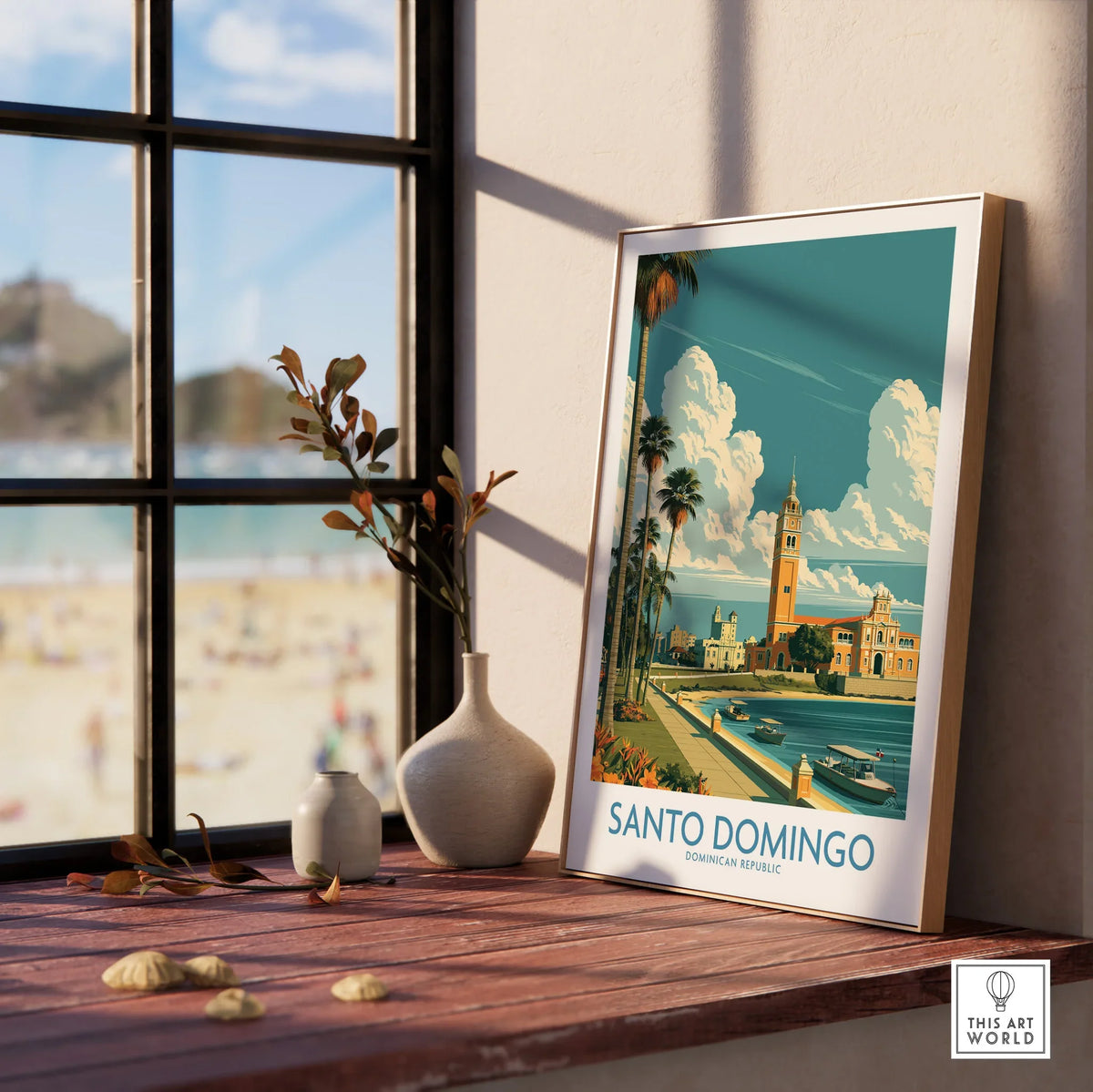 Santo Domingo travel poster with palm trees, historic buildings, and waterfront, perfect for home decor