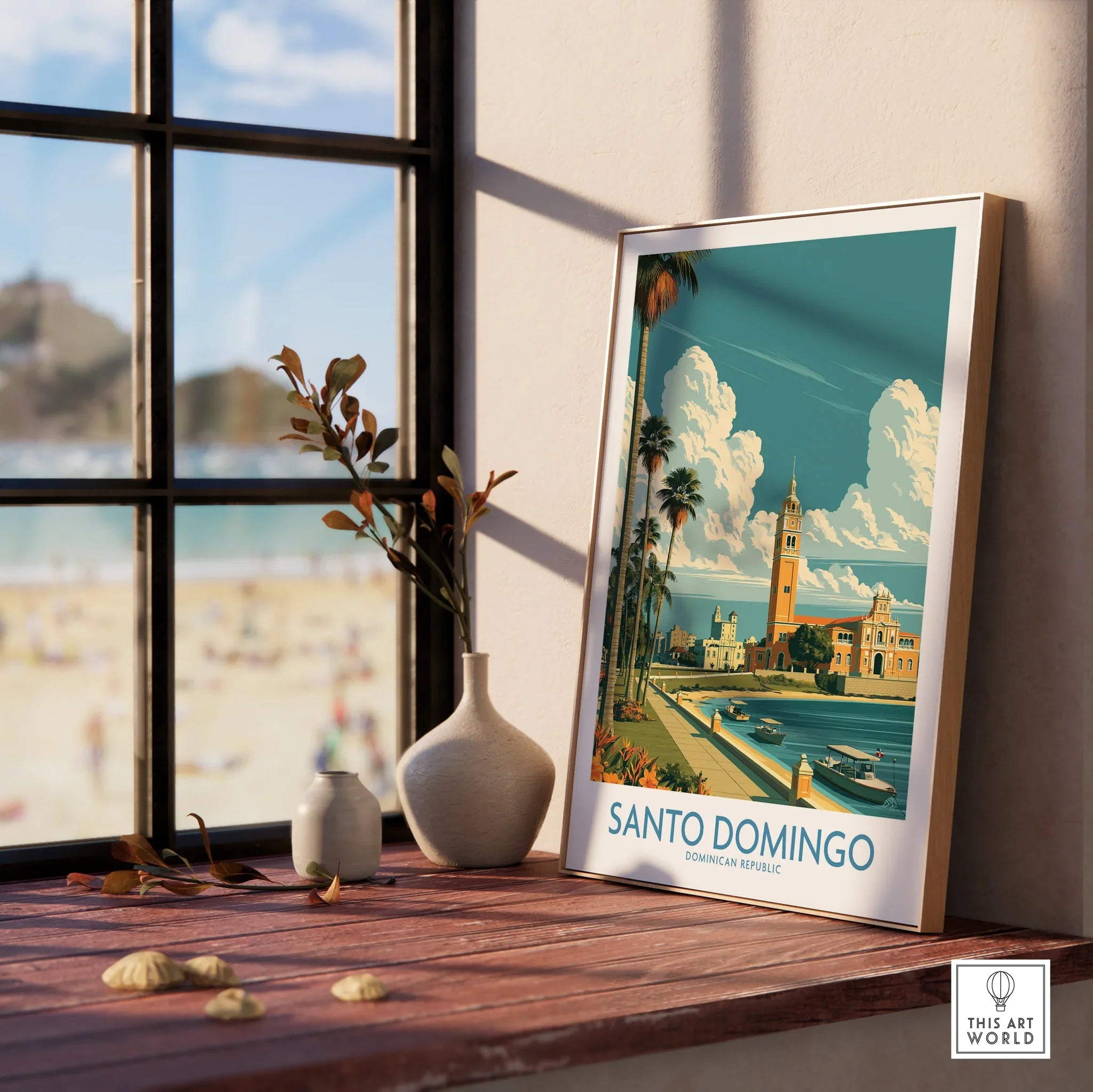 Santo Domingo travel poster with palm trees, historic buildings, and waterfront, perfect for home decor