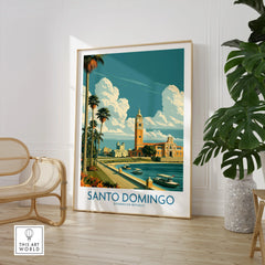 Santo Domingo travel poster with palm trees, historic buildings, and harbor boats, perfect for wall art decor.