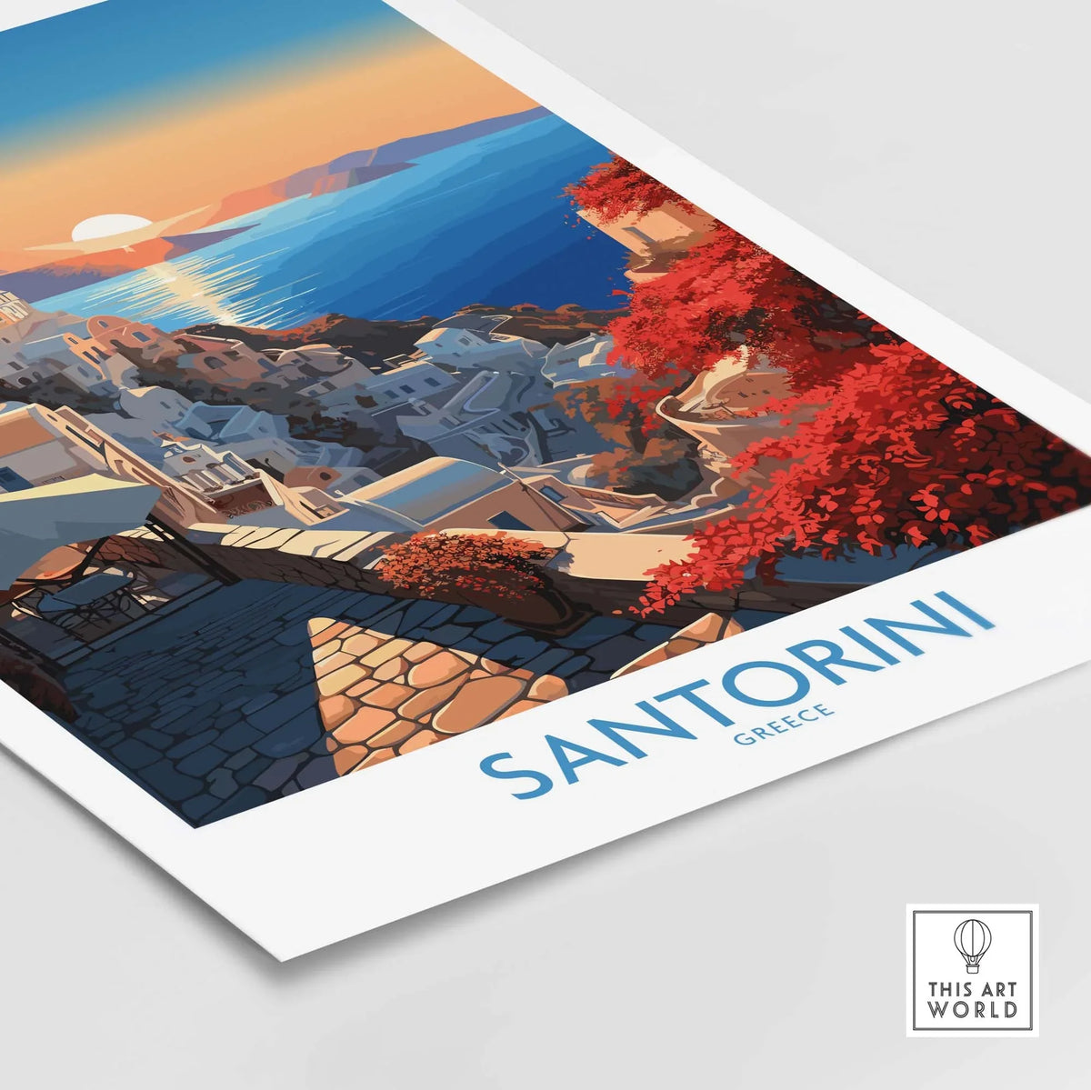 Santorini Art Print showcasing a vibrant sunset and Mediterranean architecture in Greece.