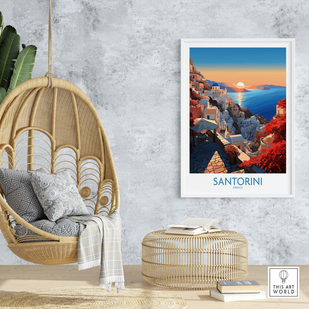 Santorini Art Print displayed in a cozy living room, showcasing vibrant colors and Mediterranean beauty.