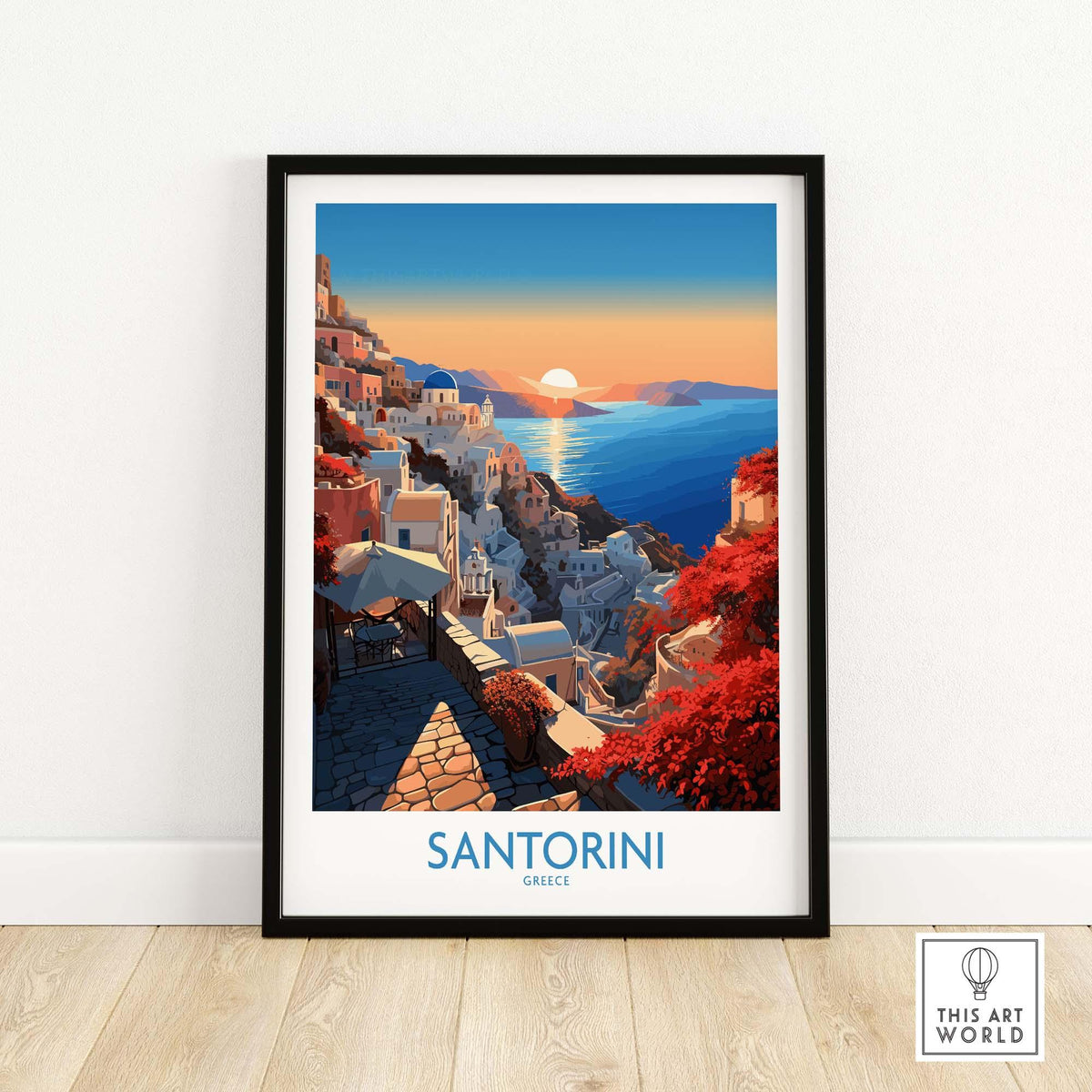 Santorini Art Print featuring vibrant colors and stunning Mediterranean sunset over Greece.