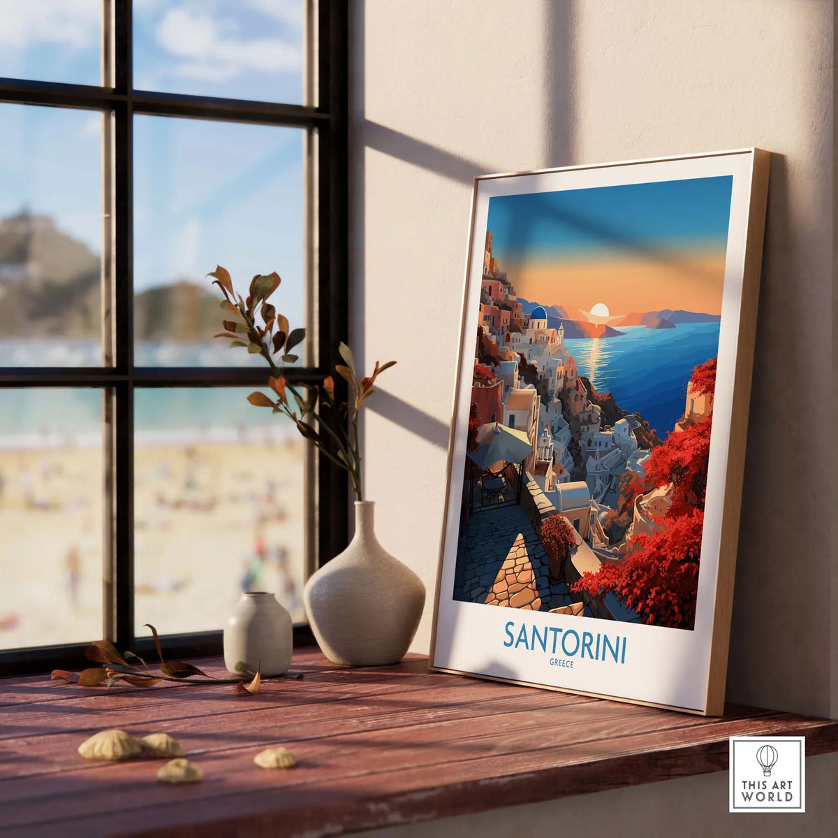 Santorini Art Print displayed on a windowsill, showcasing vibrant colors and Mediterranean scenery.
