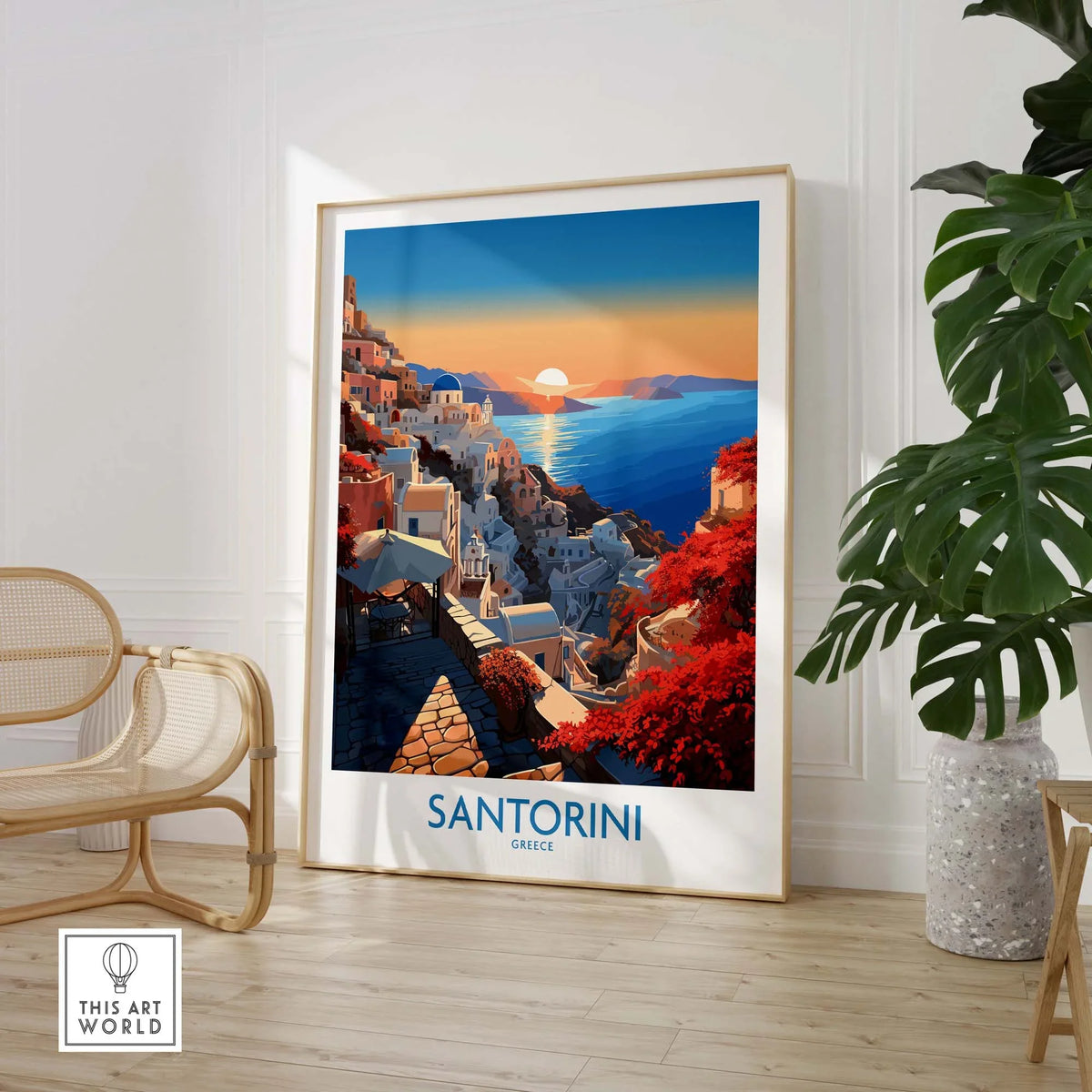 Santorini Art Print showcasing vibrant Mediterranean colors in a stylish home decor setting.