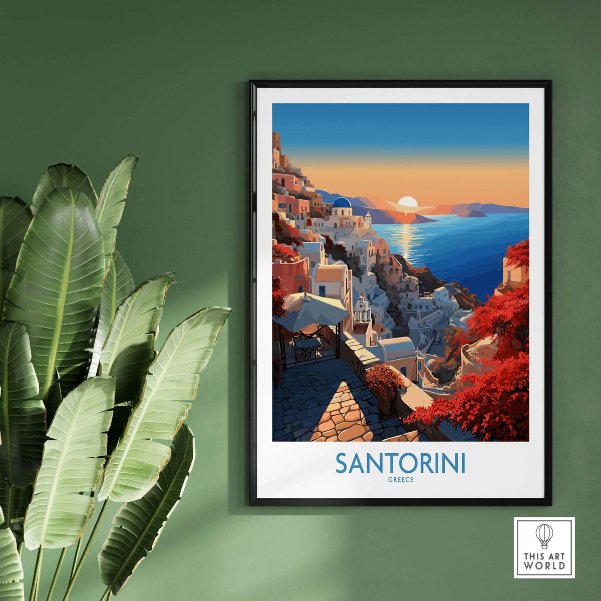 Santorini Art Print showcasing a vibrant sunset over the Mediterranean landscape of Santorini, Greece.