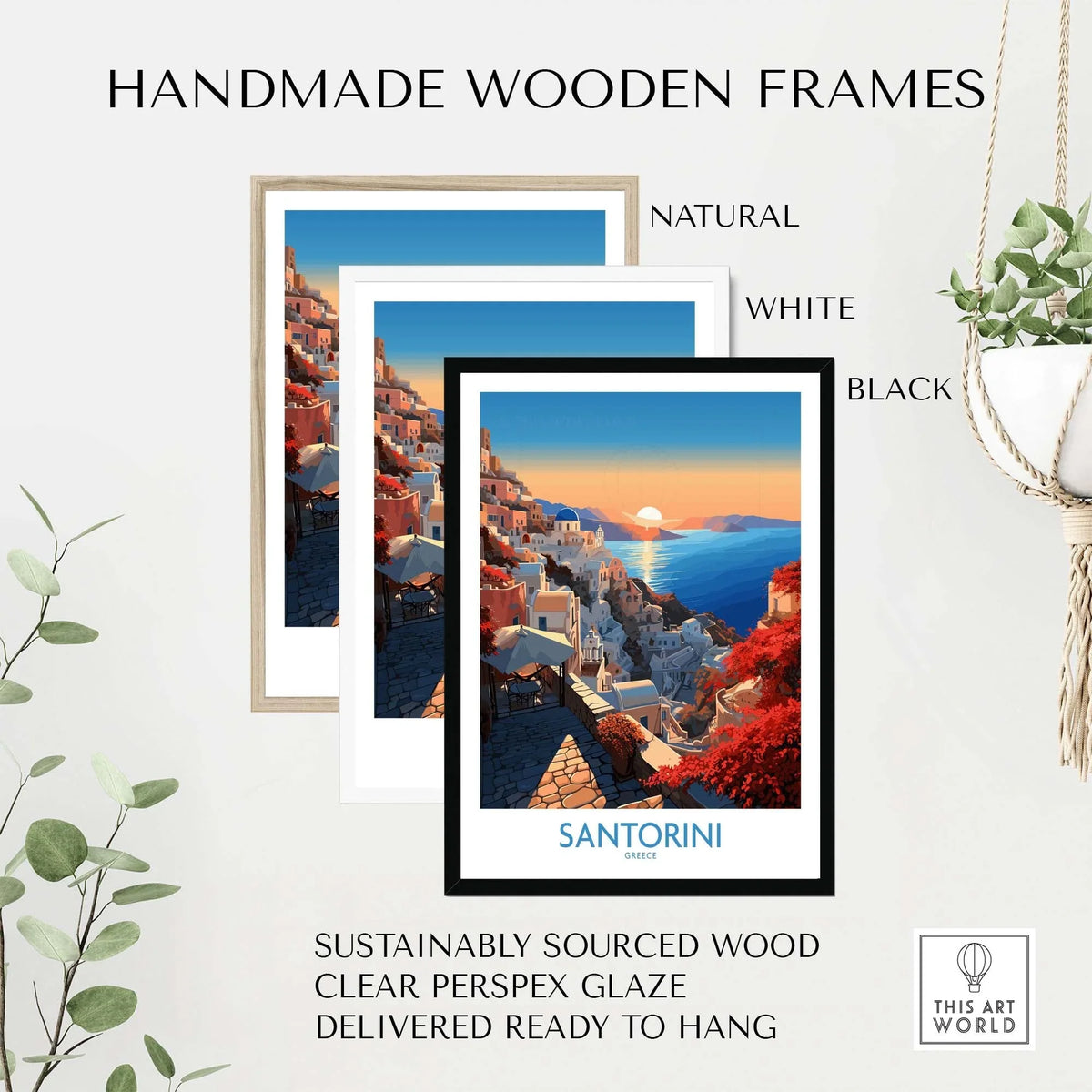 Handmade wooden frames for Santorini Art Print in natural, white, and black colors, crafted from sustainably sourced wood.
