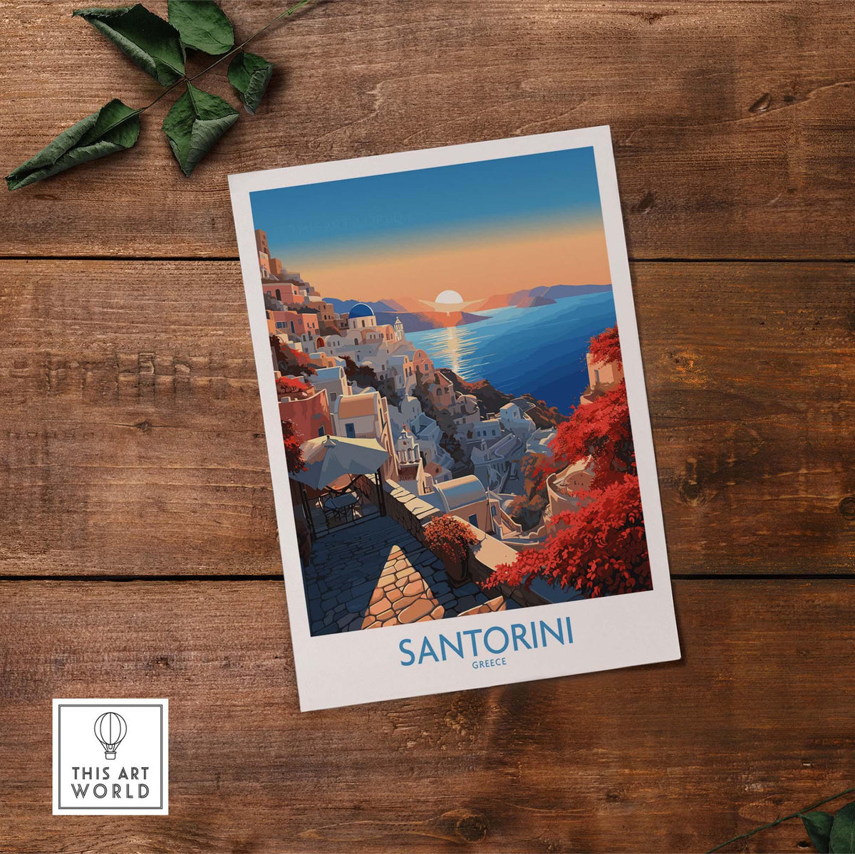 Santorini Art Print featuring a vibrant sunset view of Santorini, Greece, perfect for Mediterranean home decor.