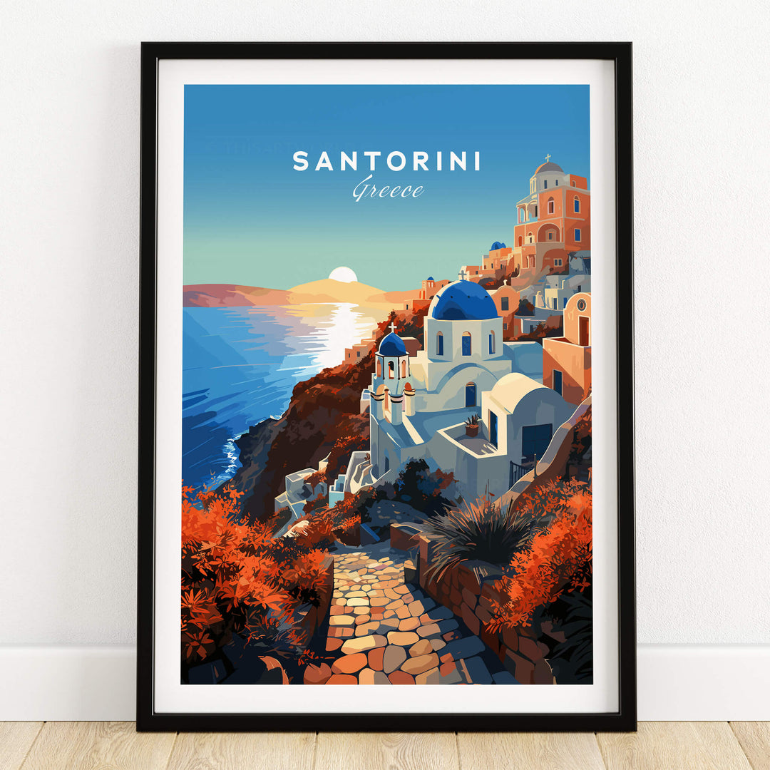 Santorini Print depicting the stunning sunset over the iconic white buildings of Santorini, Greece.