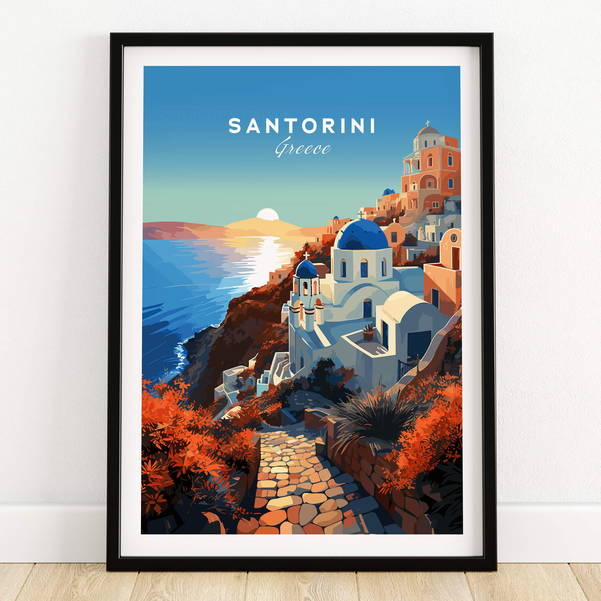 Santorini Print depicting the stunning sunset over the iconic white buildings of Santorini, Greece.