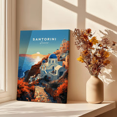 Santorini Print featuring a vibrant sunset over the iconic Santorini landscape in Greece.