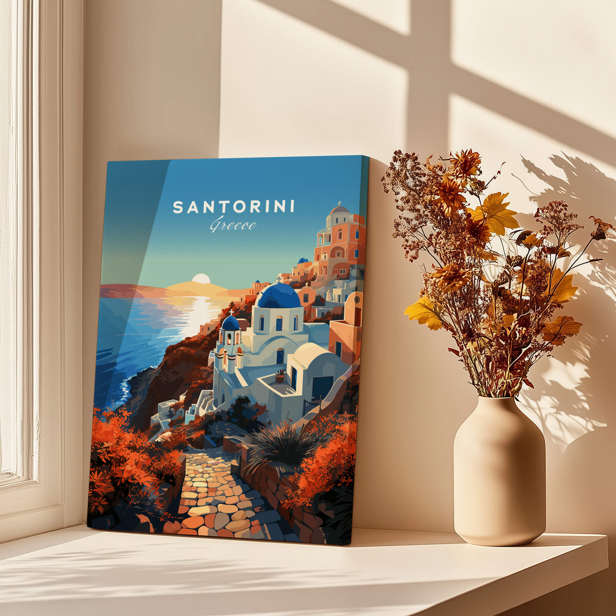 Santorini Print featuring a vibrant sunset over the iconic Santorini landscape in Greece.