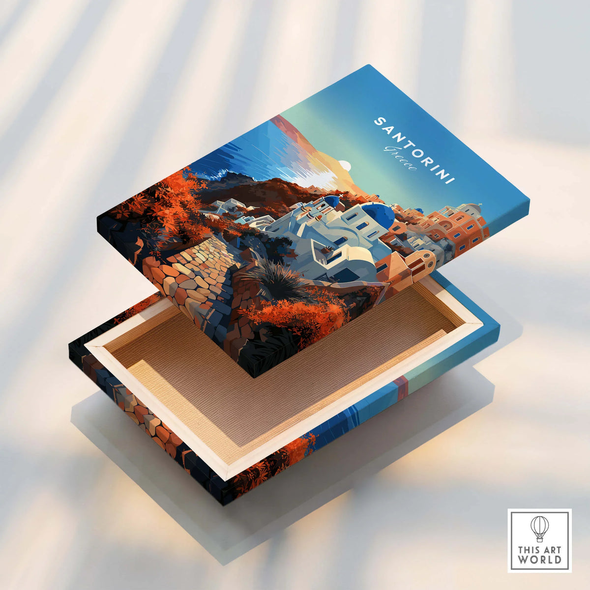 Santorini Print box design featuring a picturesque Santorini landscape with Mediterranean colors.