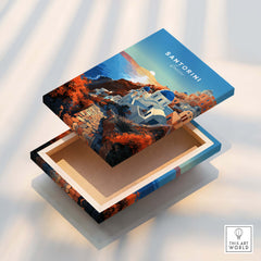 Santorini Print box design featuring a picturesque Santorini landscape with Mediterranean colors.