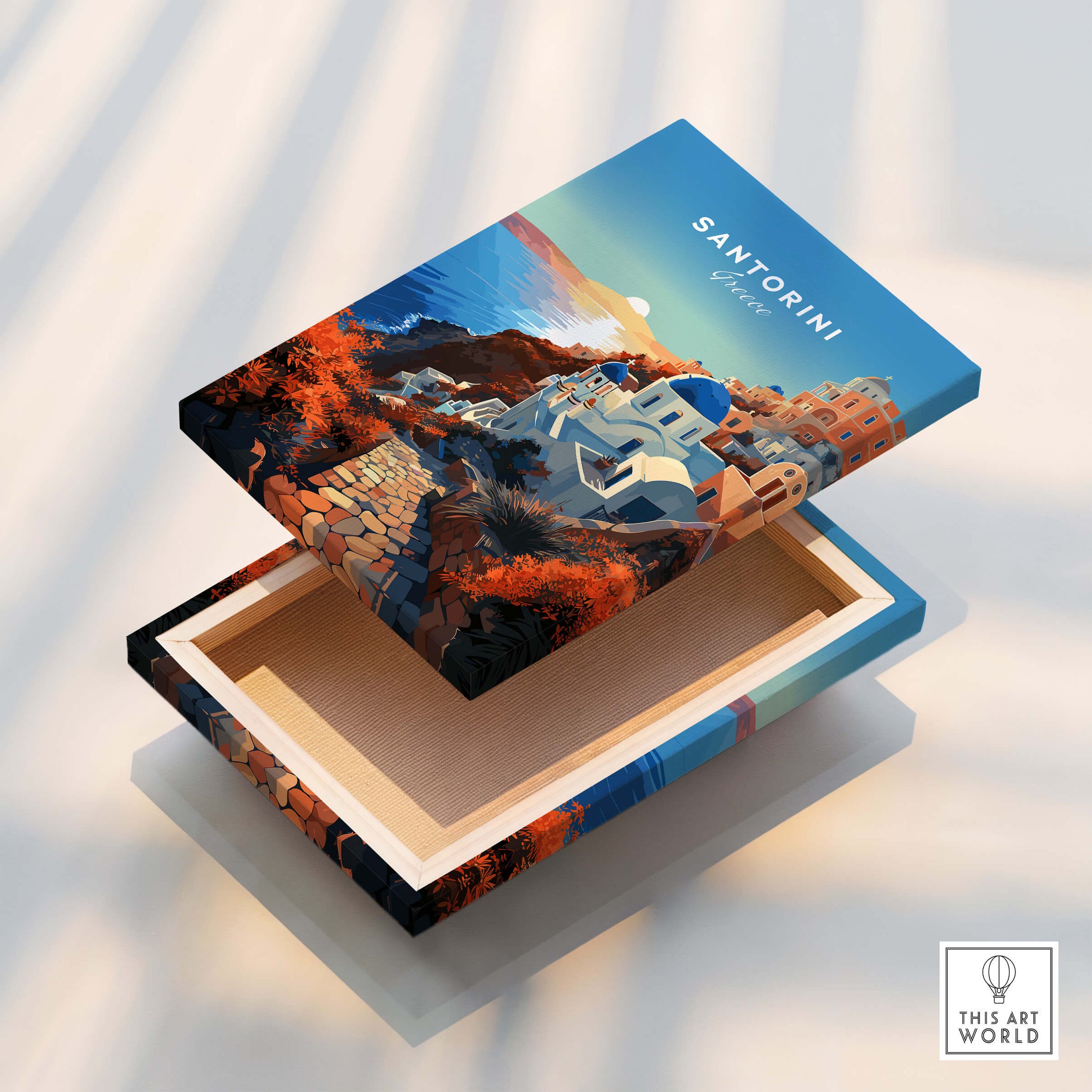 Santorini Print box design featuring a picturesque Santorini landscape with Mediterranean colors.