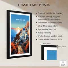 Framed Santorini Print showcasing coastal beauty and vibrant colors with a black wooden frame.