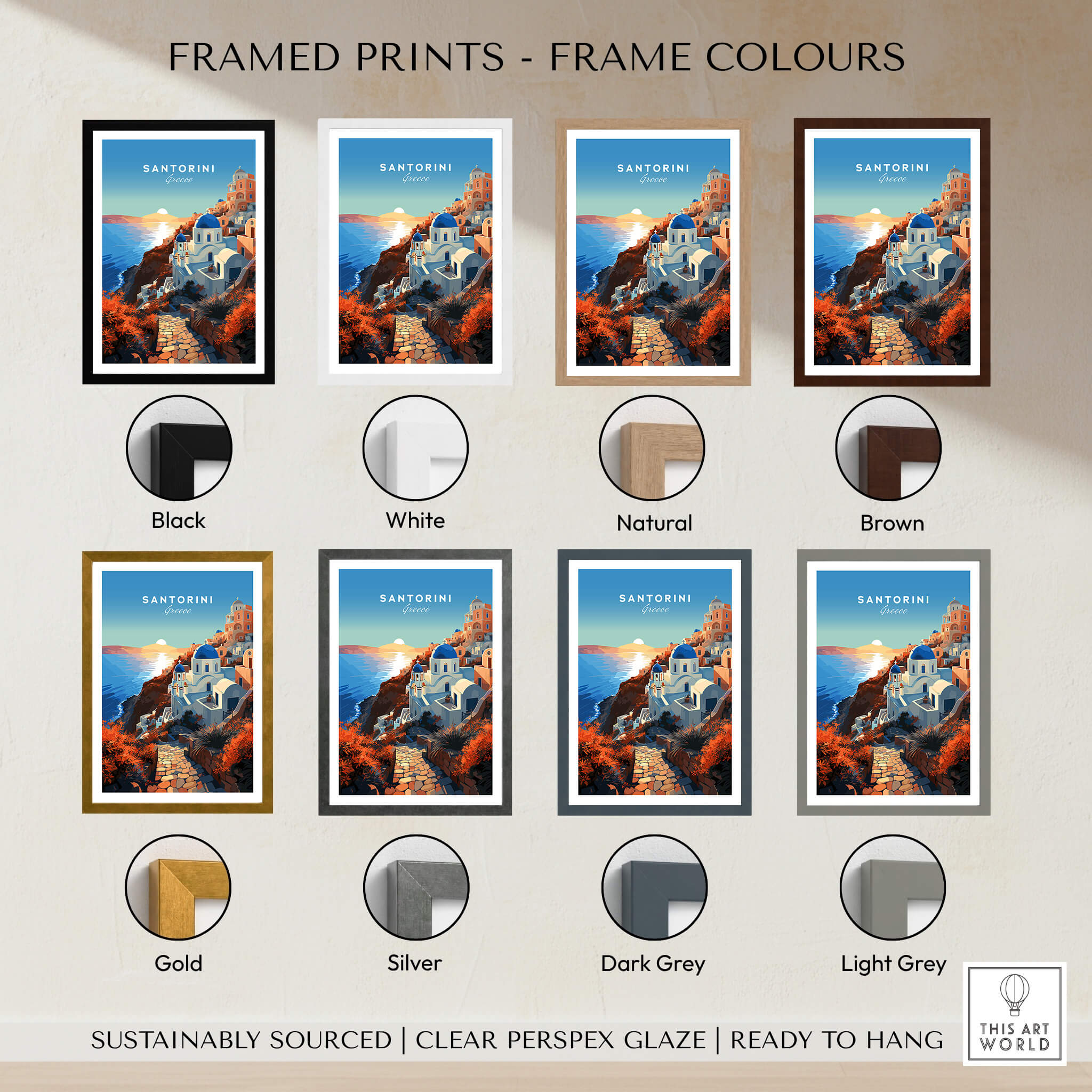 Framed prints in various colors featuring Santorini Print, showcasing elegant frame options for home decor.