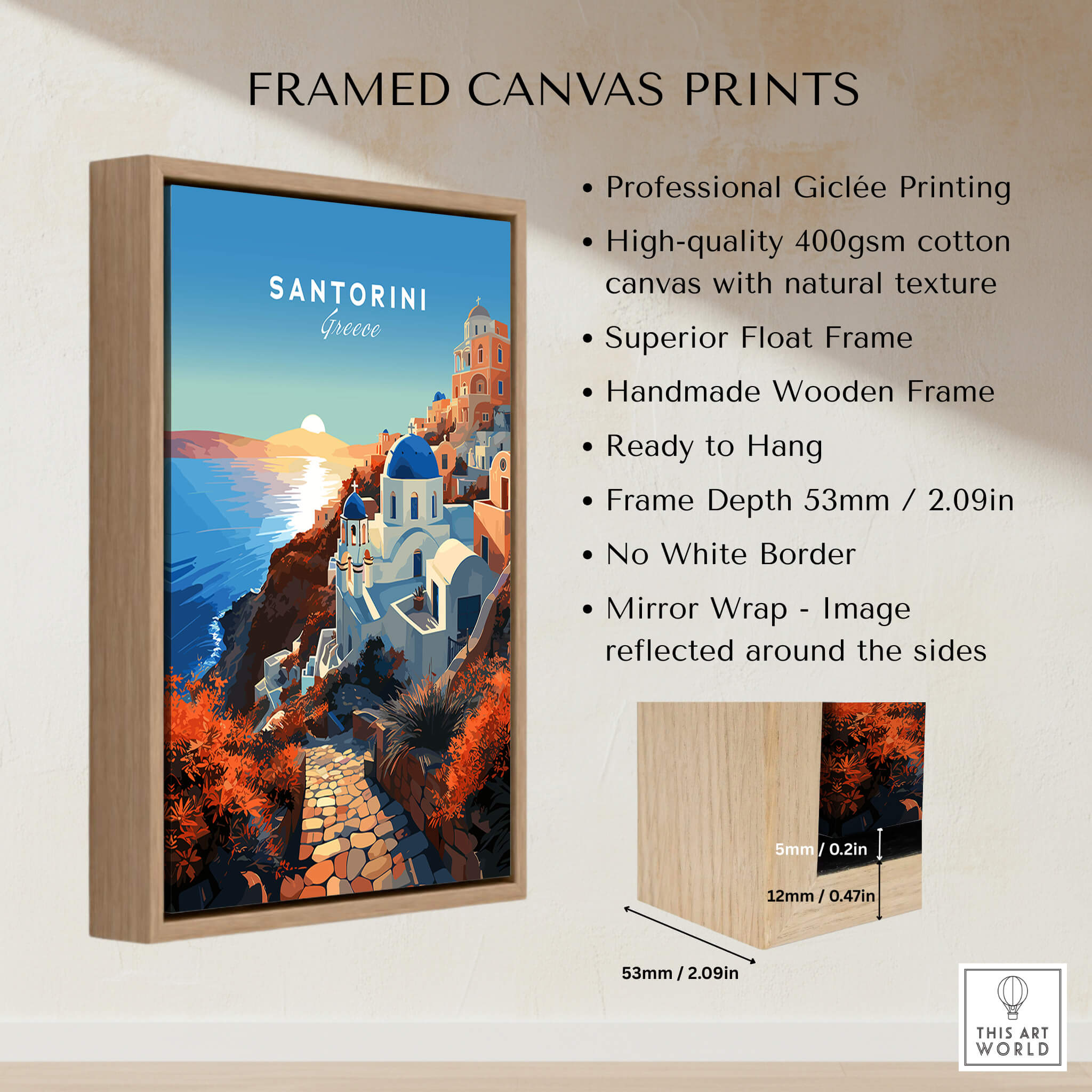 Framed Santorini Print showcasing a beautiful sunset with a handmade wooden frame and professional Giclée printing.