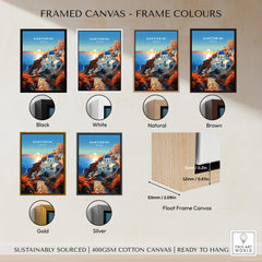Framed Santorini Print options in various colors including black, white, natural, brown, gold, and silver.