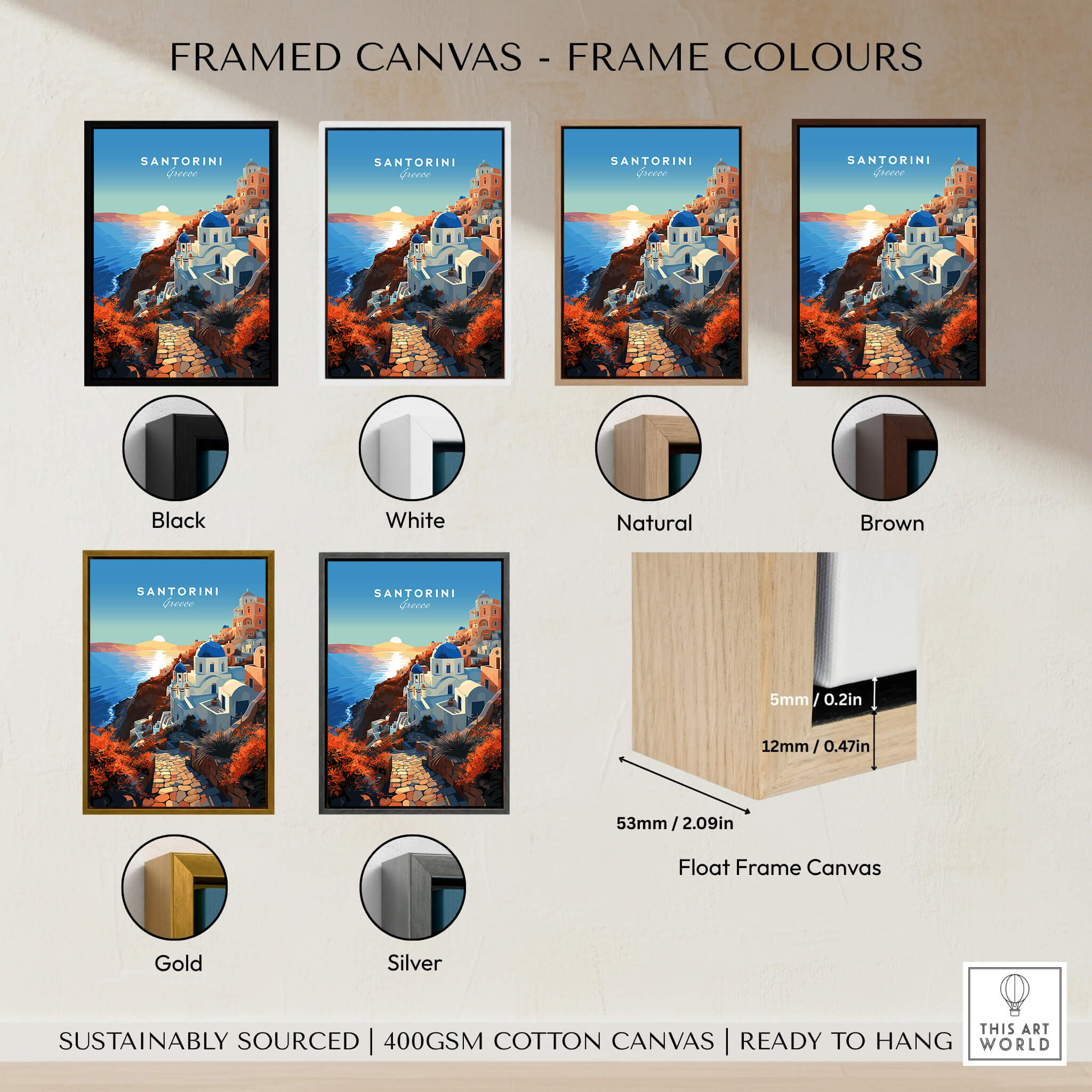 Framed Santorini Print options in various colors including black, white, natural, brown, gold, and silver.