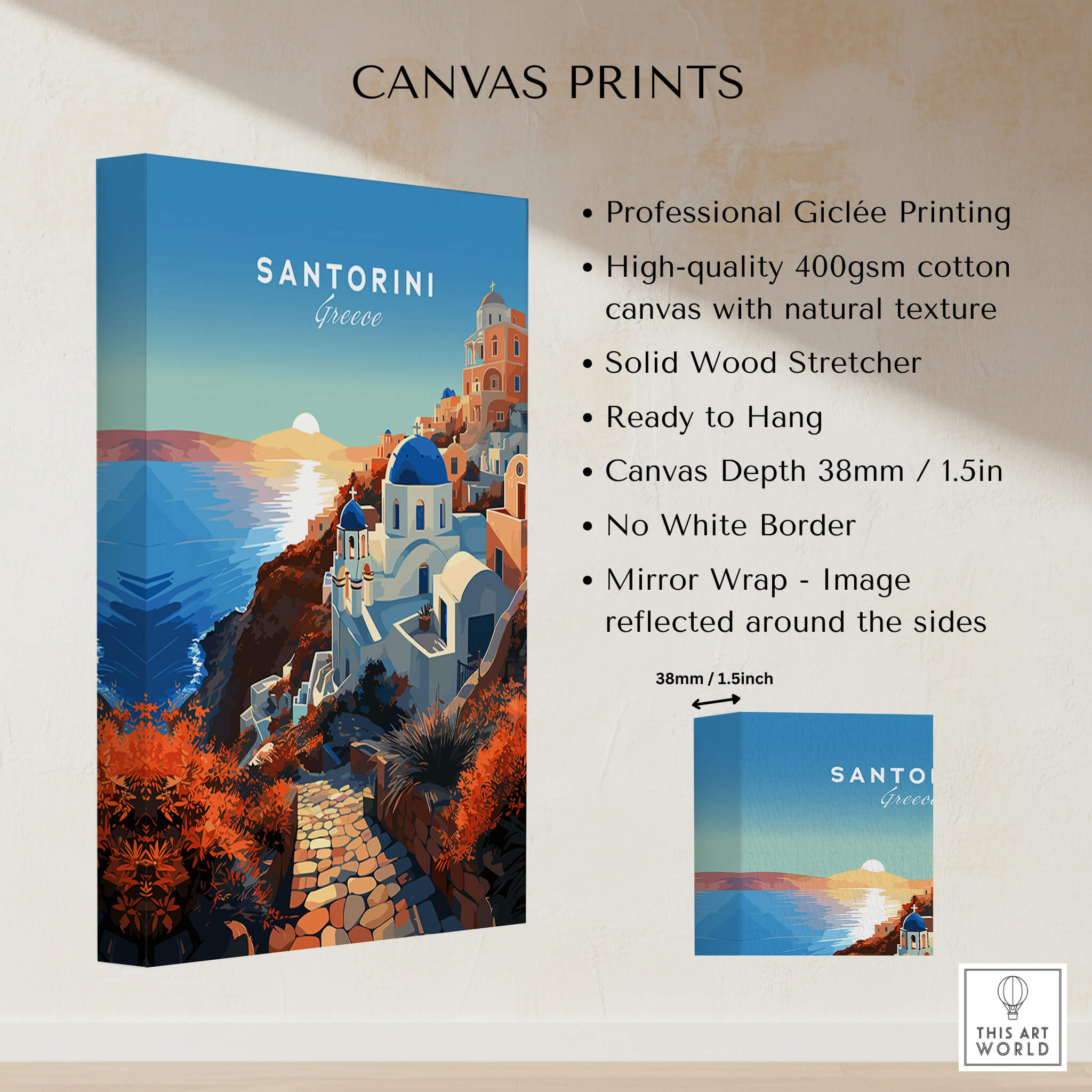 Santorini Print showcasing a vibrant sunset over Greece, perfect for home decoration and Mediterranean charm.