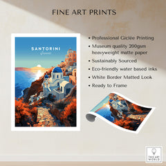 Santorini Print showcasing a vibrant sunset over the iconic buildings of Santorini, Greece, perfect for home decor.
