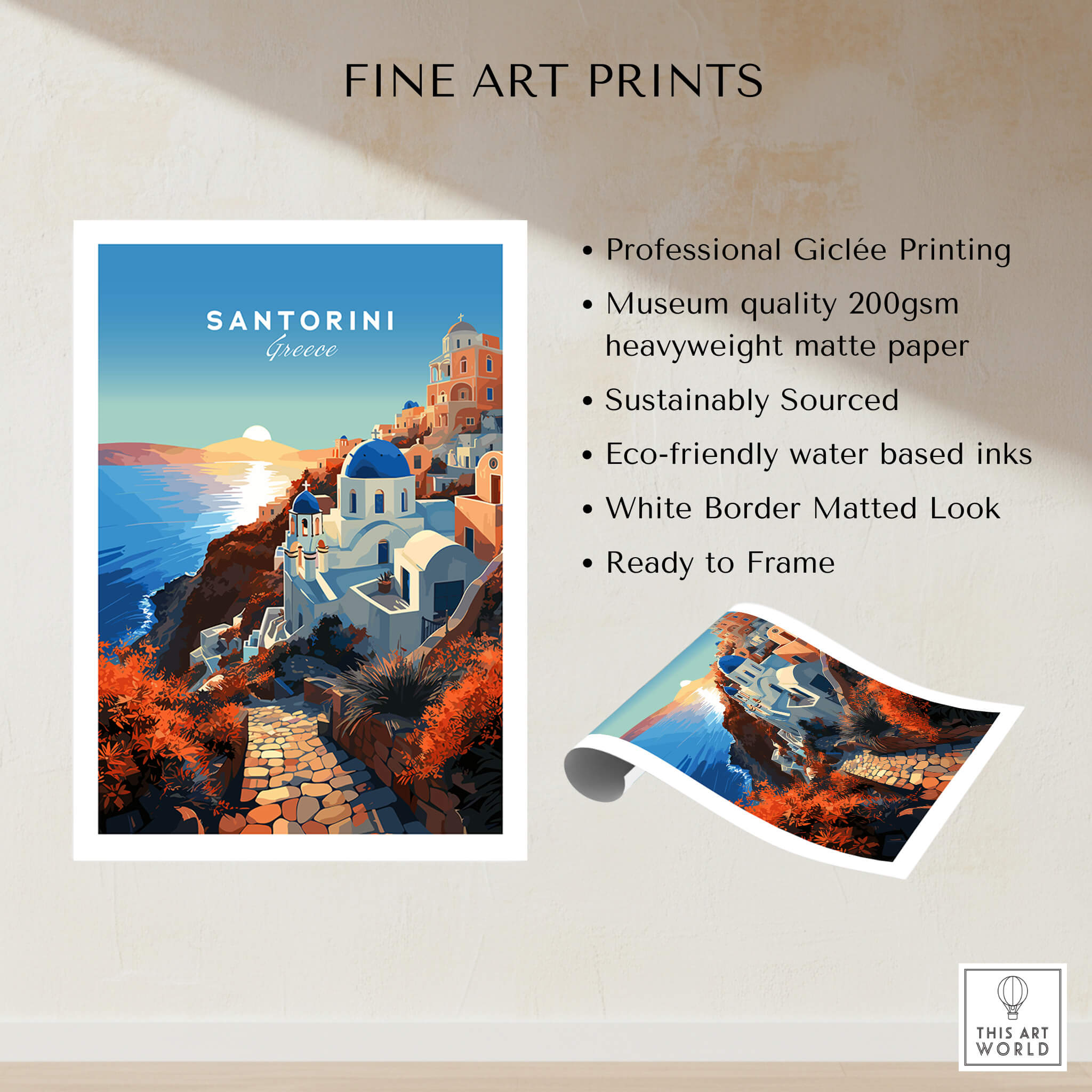 Santorini Print showcasing a vibrant sunset over the iconic buildings of Santorini, Greece, perfect for home decor.