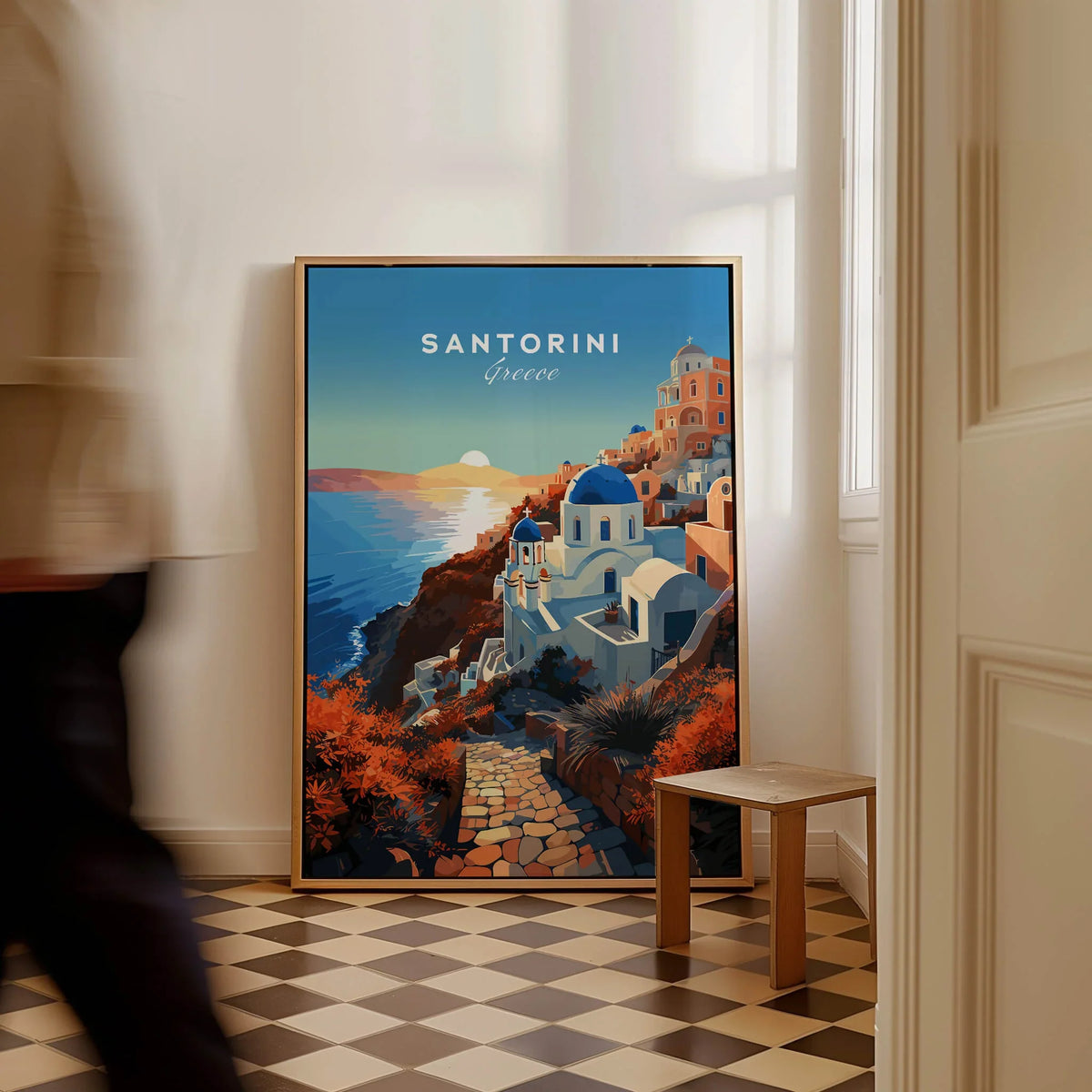 Santorini Print showcasing a vibrant sunset over Santorini's architecture, adding Mediterranean charm to any space.