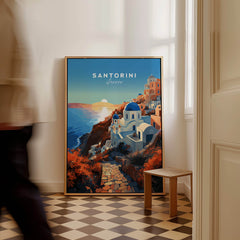 Santorini Print showcasing a vibrant sunset over Santorini's architecture, adding Mediterranean charm to any space.