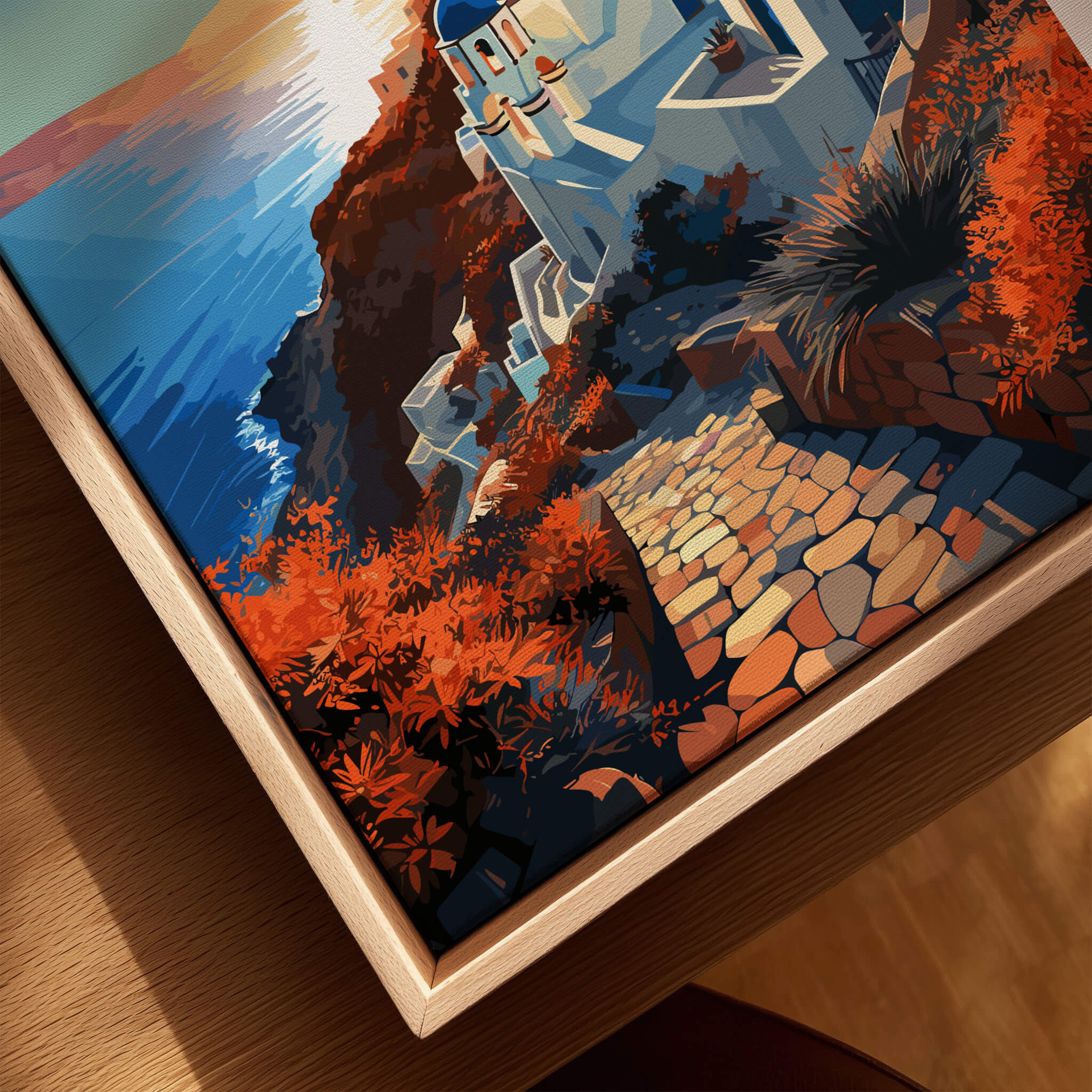 Santorini Print featuring vibrant colors of sunset and architecture, bringing Mediterranean elegance to your space.