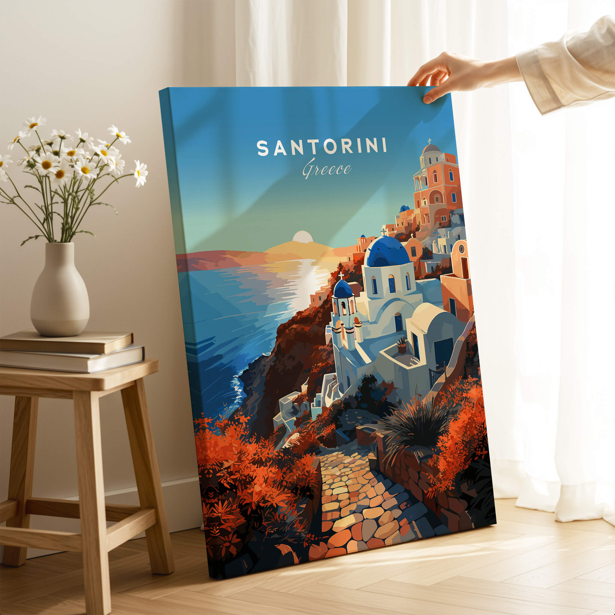 Santorini Print showcasing the stunning sunset views and charming architecture of Santorini, Greece.
