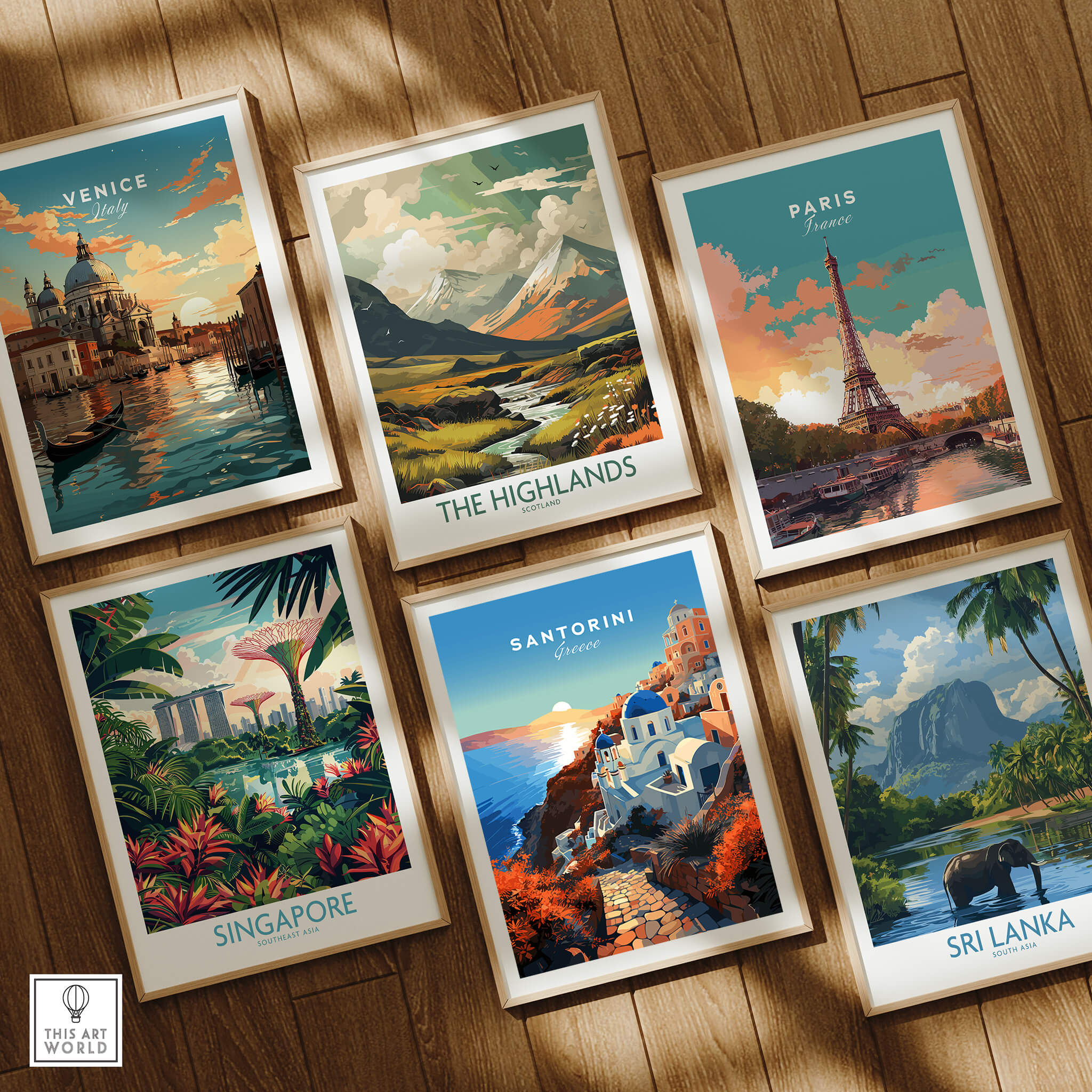 Santorini Print surrounded by travel posters of Venice, Paris, Singapore, the Highlands, and Sri Lanka.