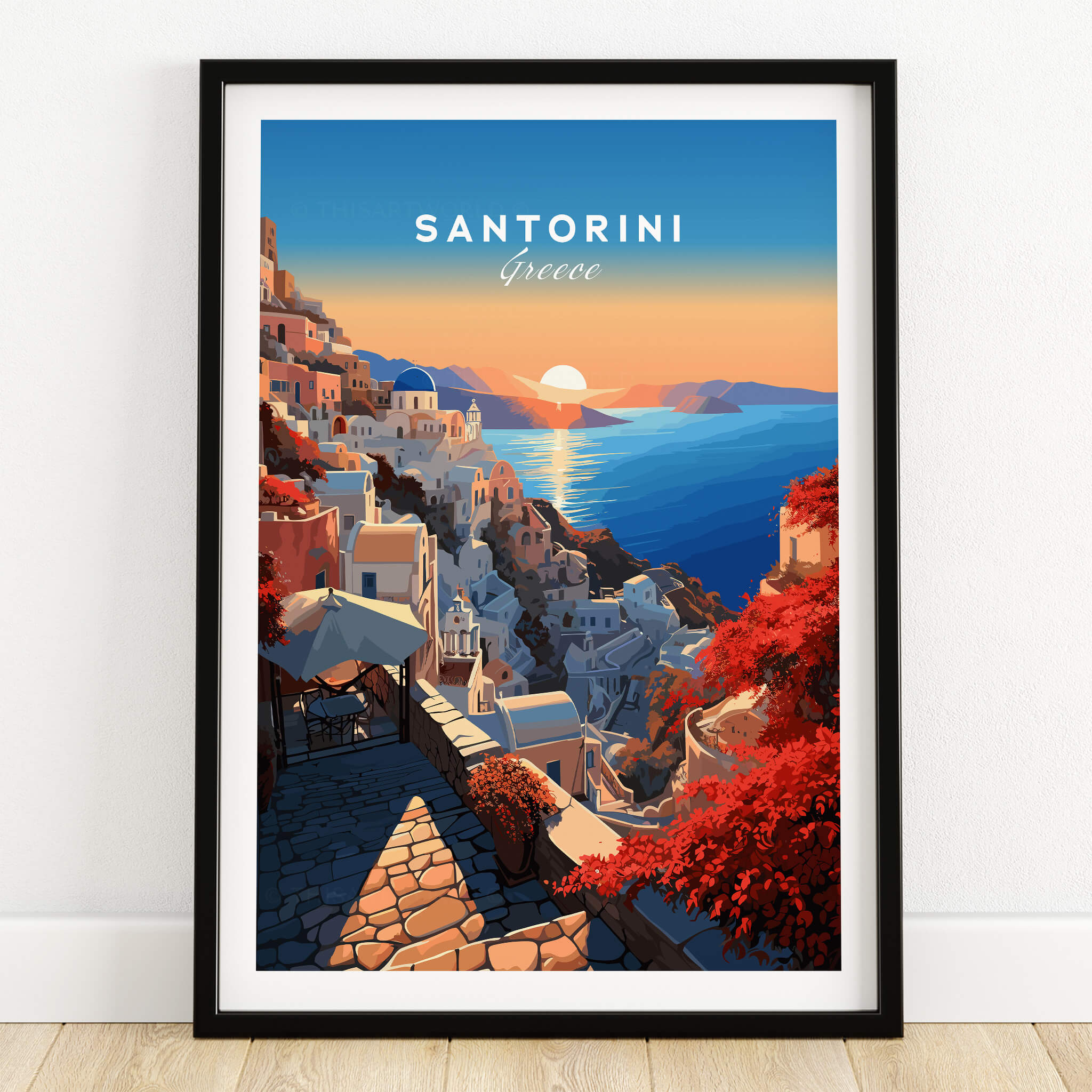 Santorini Poster showcasing the sunset over the beautiful architecture of Greece, perfect for home décor.