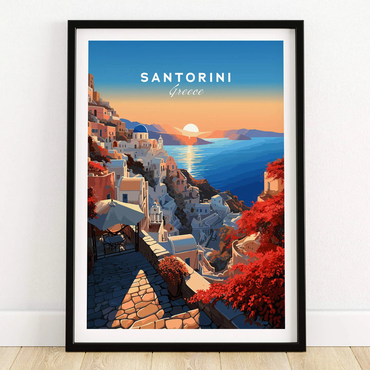 Santorini Poster showcasing the sunset over the beautiful architecture of Greece, perfect for home décor.