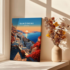 Santorini Poster showcasing vibrant sunset over Greece, beautiful coastal view, and charming architecture.