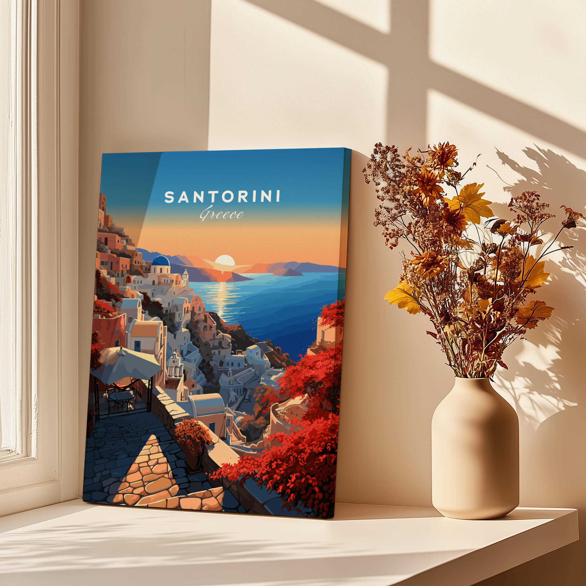 Santorini Poster showcasing vibrant sunset over Greece, beautiful coastal view, and charming architecture.