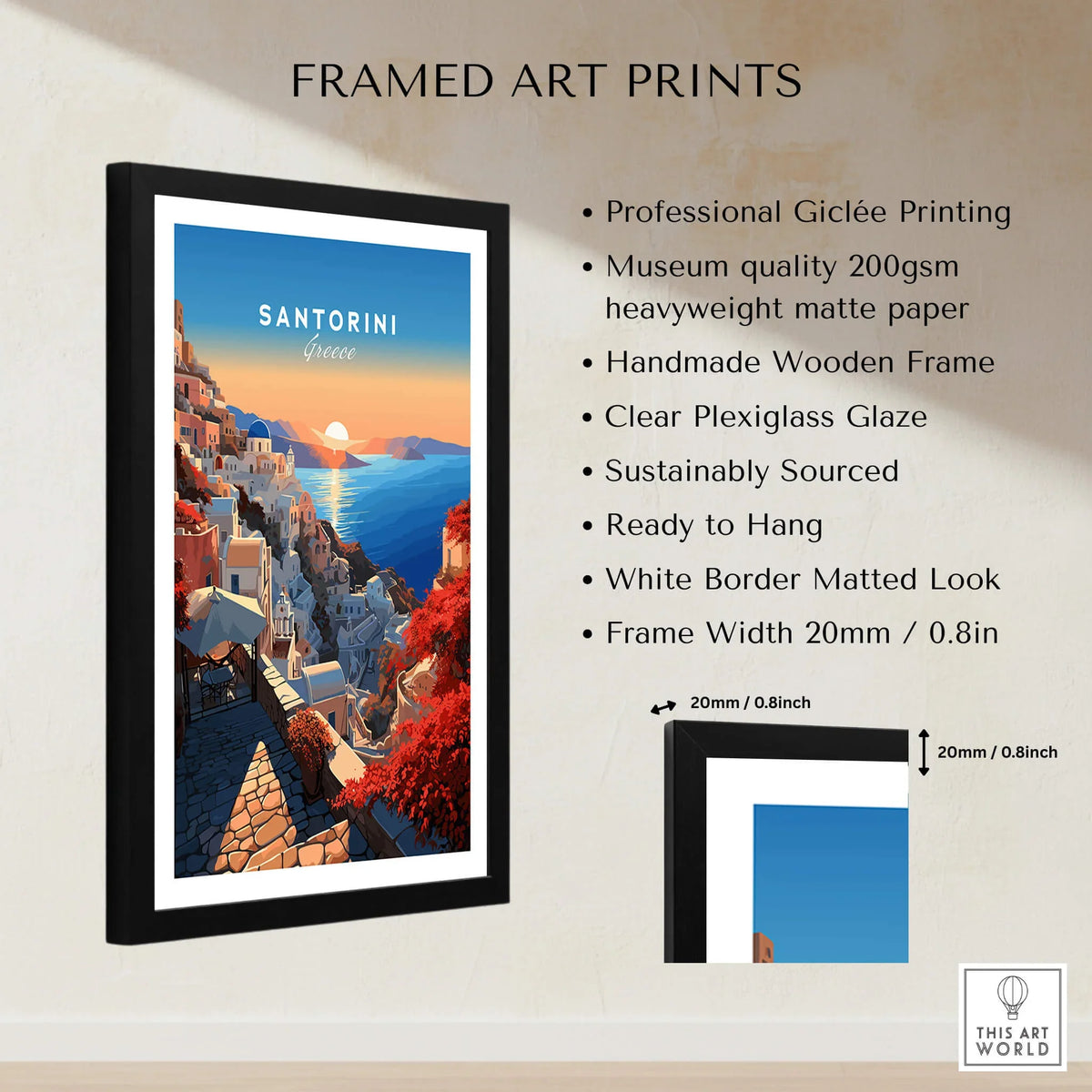 Santorini Poster framed art print showcasing vibrant Greek architecture and sunset, perfect for home decor.