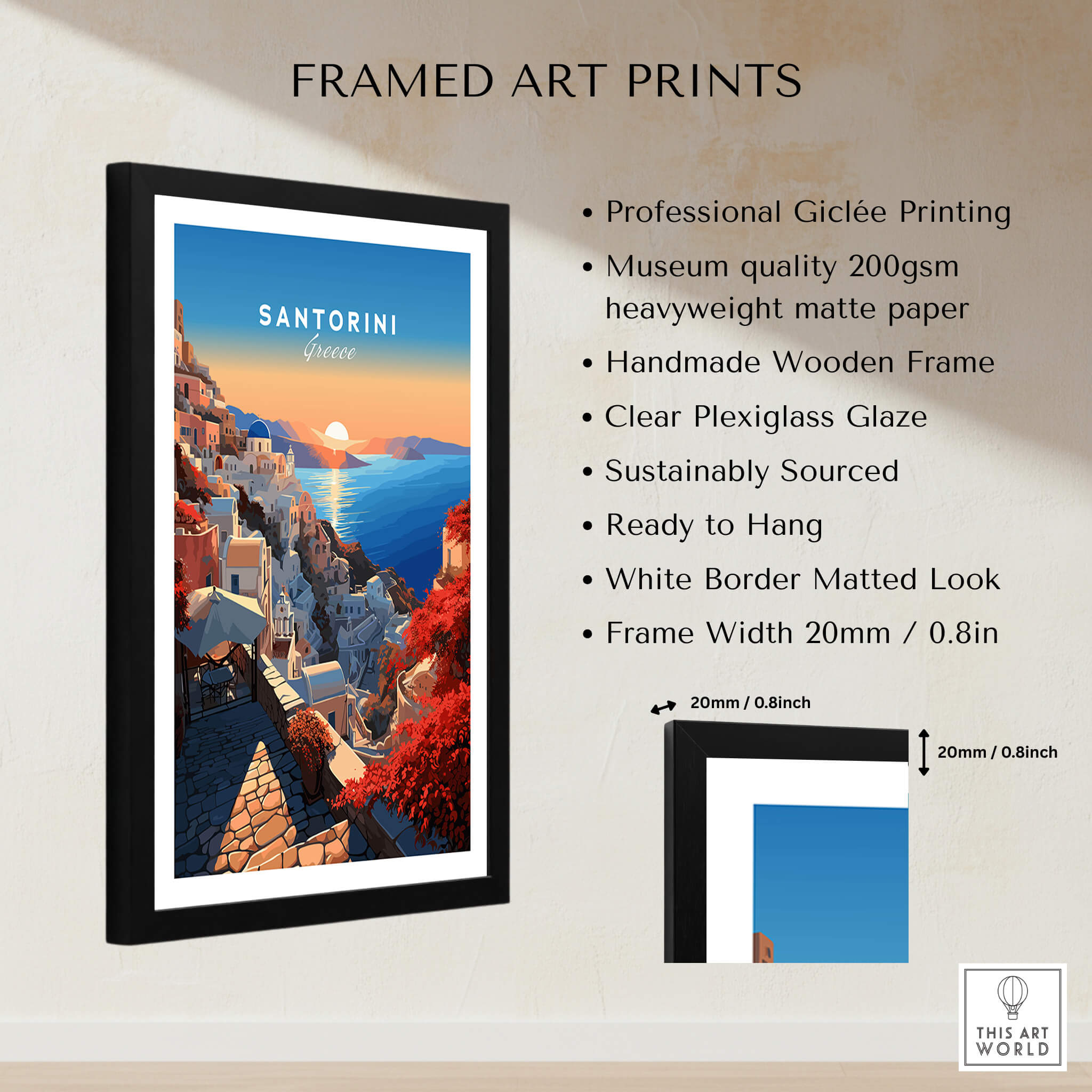 Santorini Poster framed art print showcasing vibrant Greek architecture and sunset, perfect for home decor.